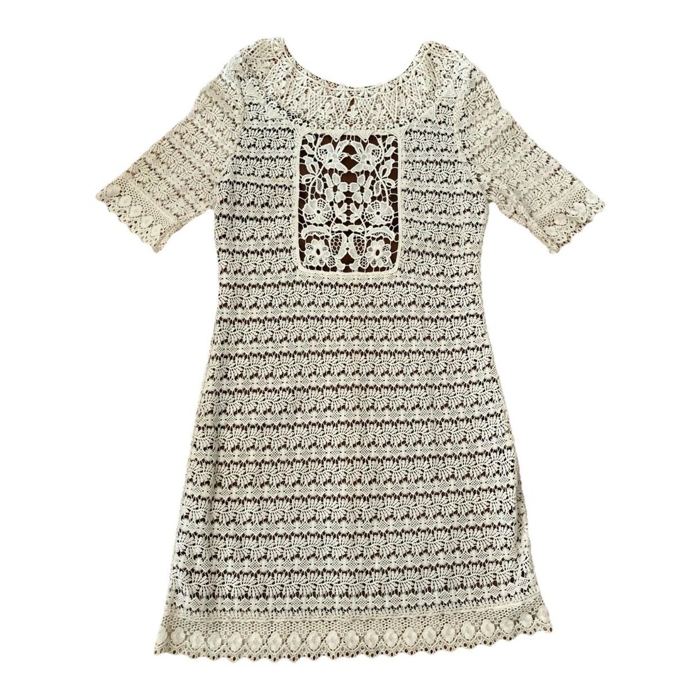 Laundry by Design dress Cream Sz M Lace crochet short‎ sleeve coastal cowboy